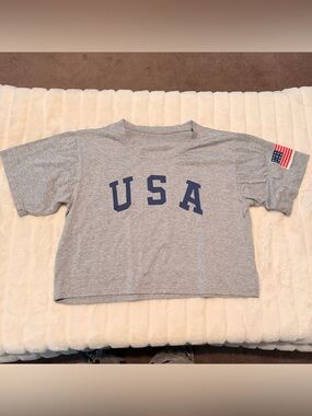Women’s USA United States Patriotic American Flag Gray Crop Top Size Large